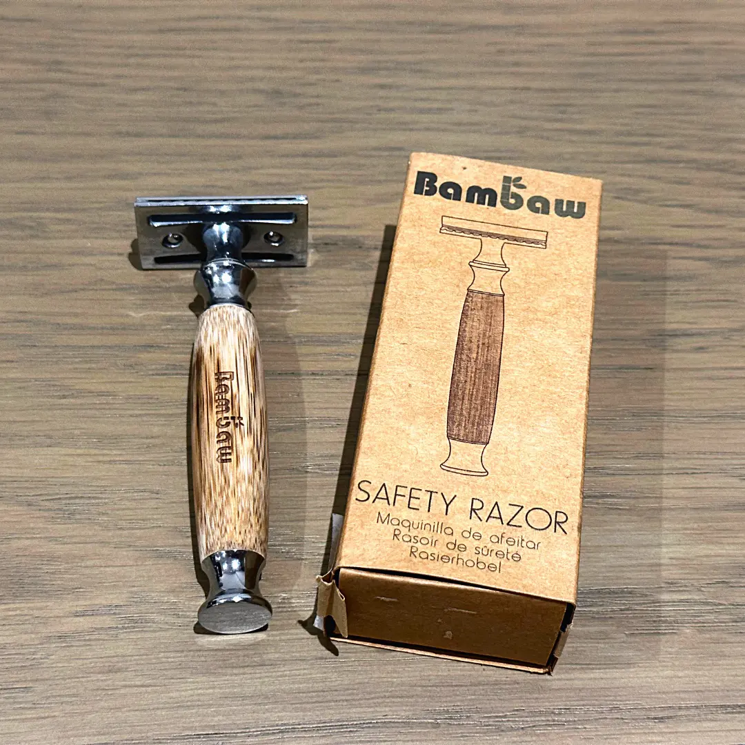 Bambaw reusable safety razor with its packaging on a flat lay