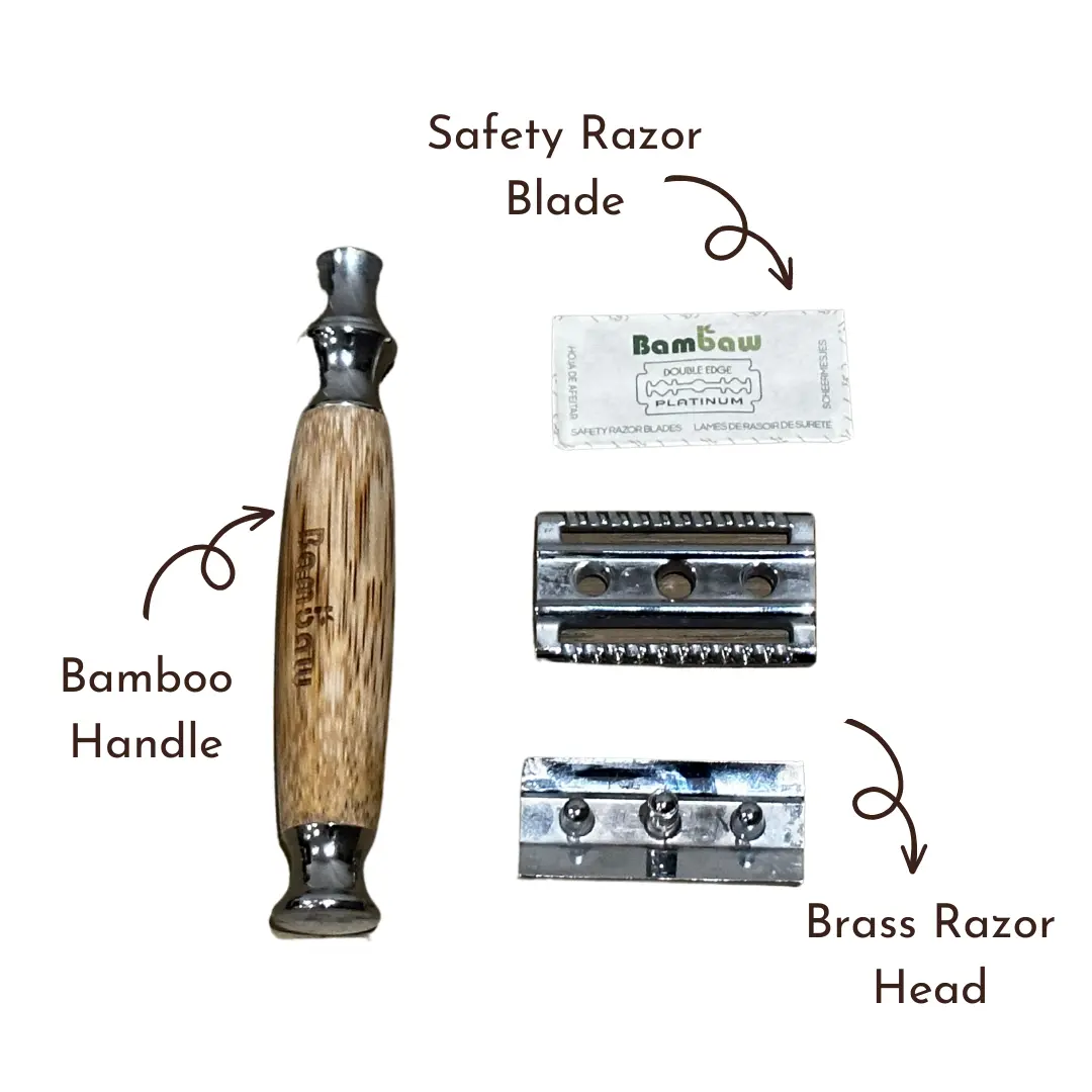 The components of Bambaw safety razor on a flat lay