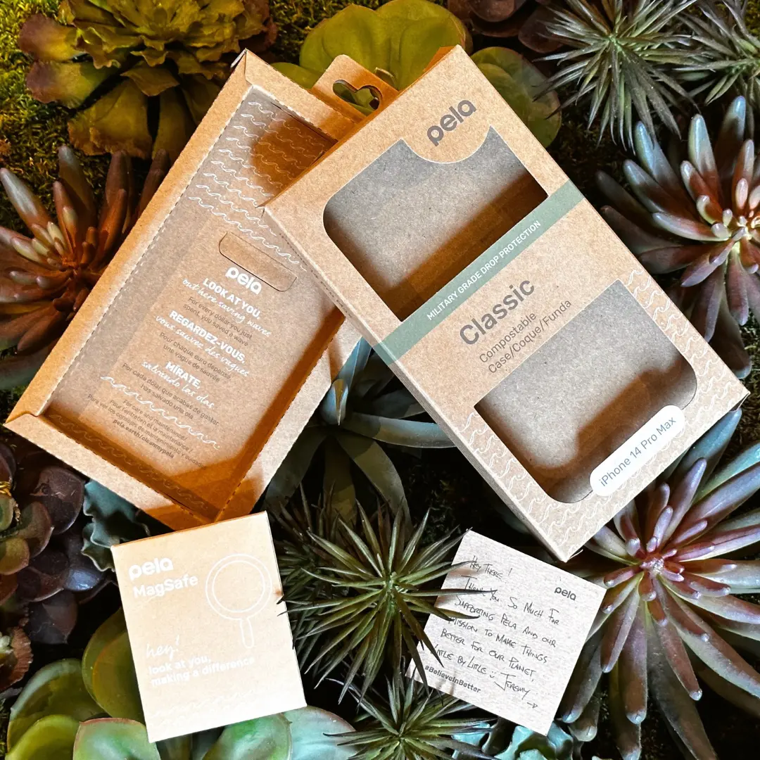 Open plastic-free cardboard packaging of a Pela case