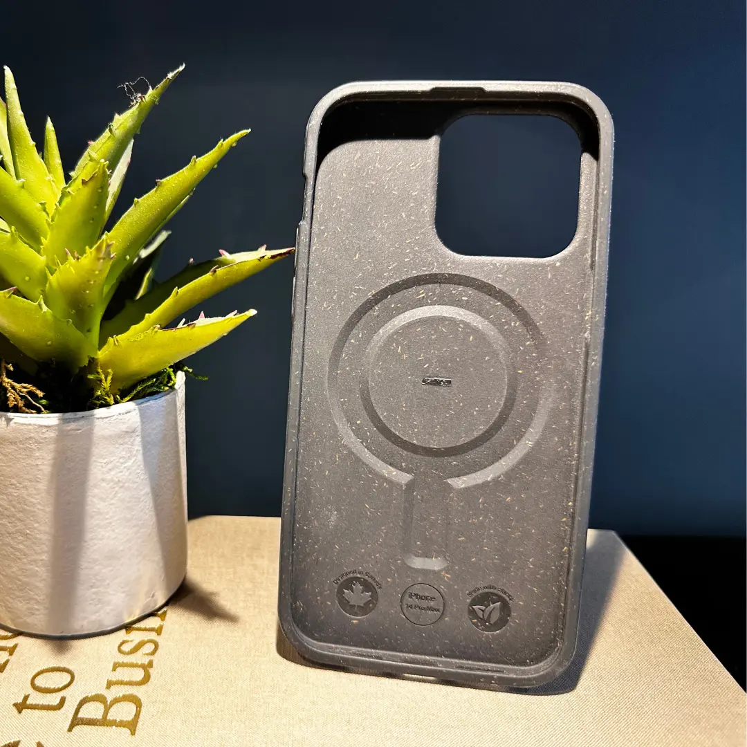 Inside view of a black compostable Pela phone case showing the MagSafe indent