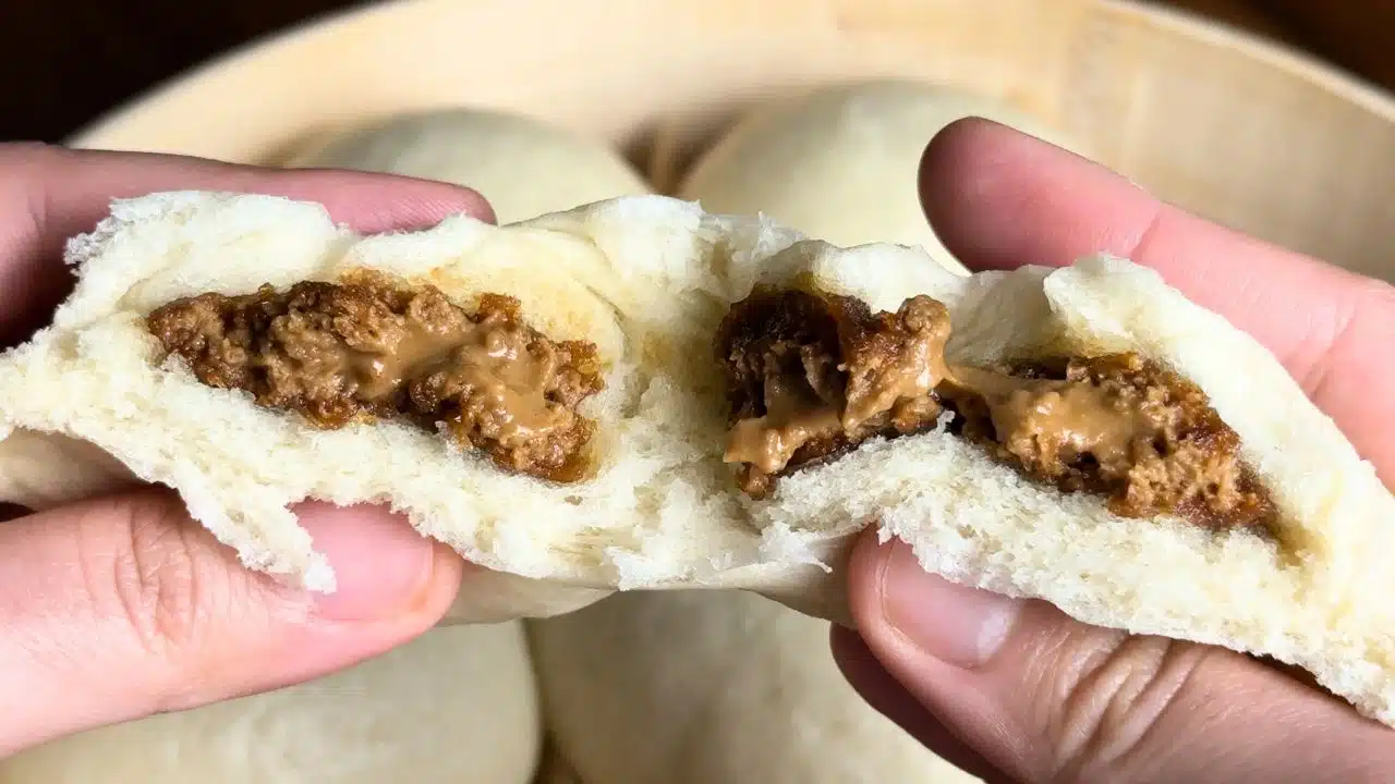Gooey Lotus Biscoff filling inside steamed bun