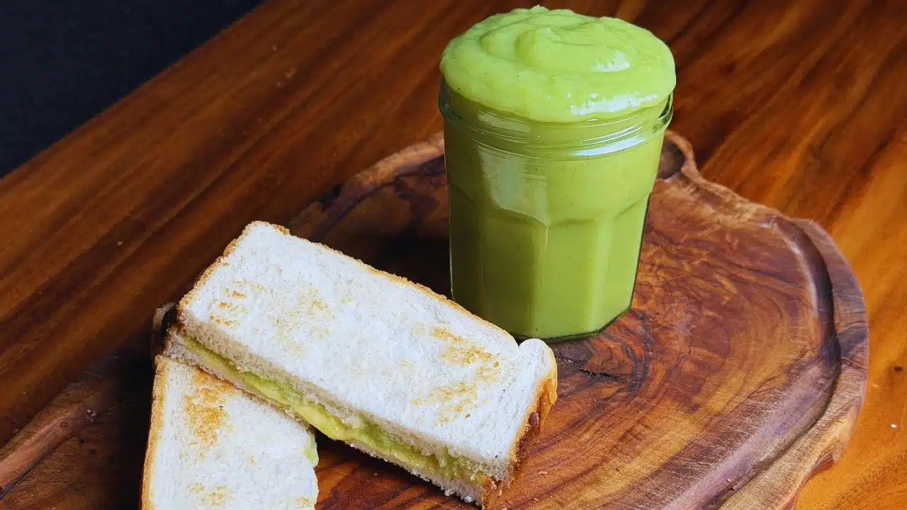 Vegan pandan kaya in a jar served with toasted bread